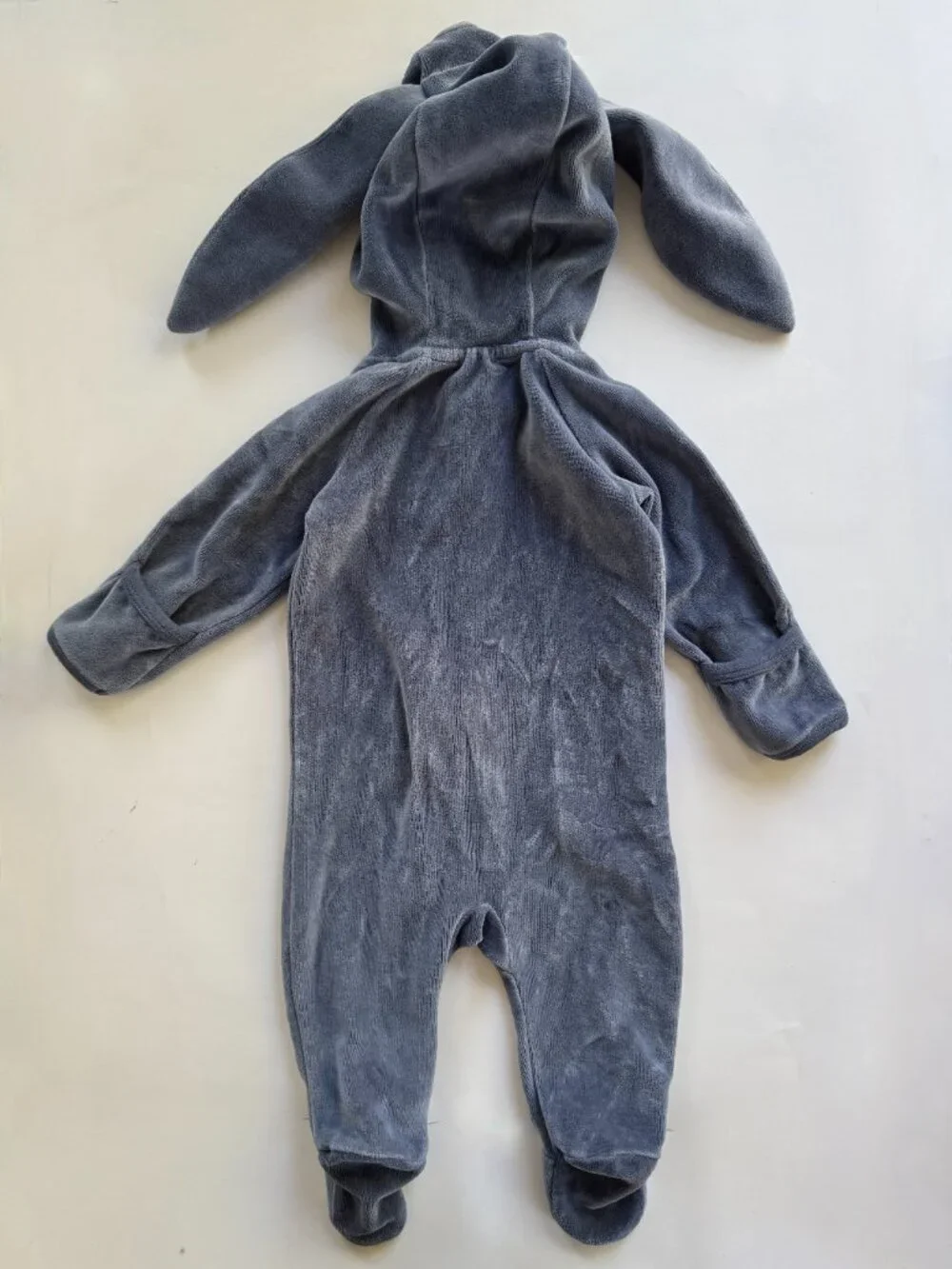 Baby Bunny Ears Hooded Velour Footed Romper Gray Zip Fits 6-12M EUC
